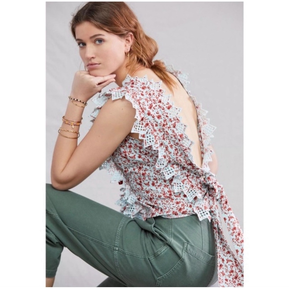 Anthropologie Trina Bow Blouse Light Blue and Red Floral Motif NWT Sz XL